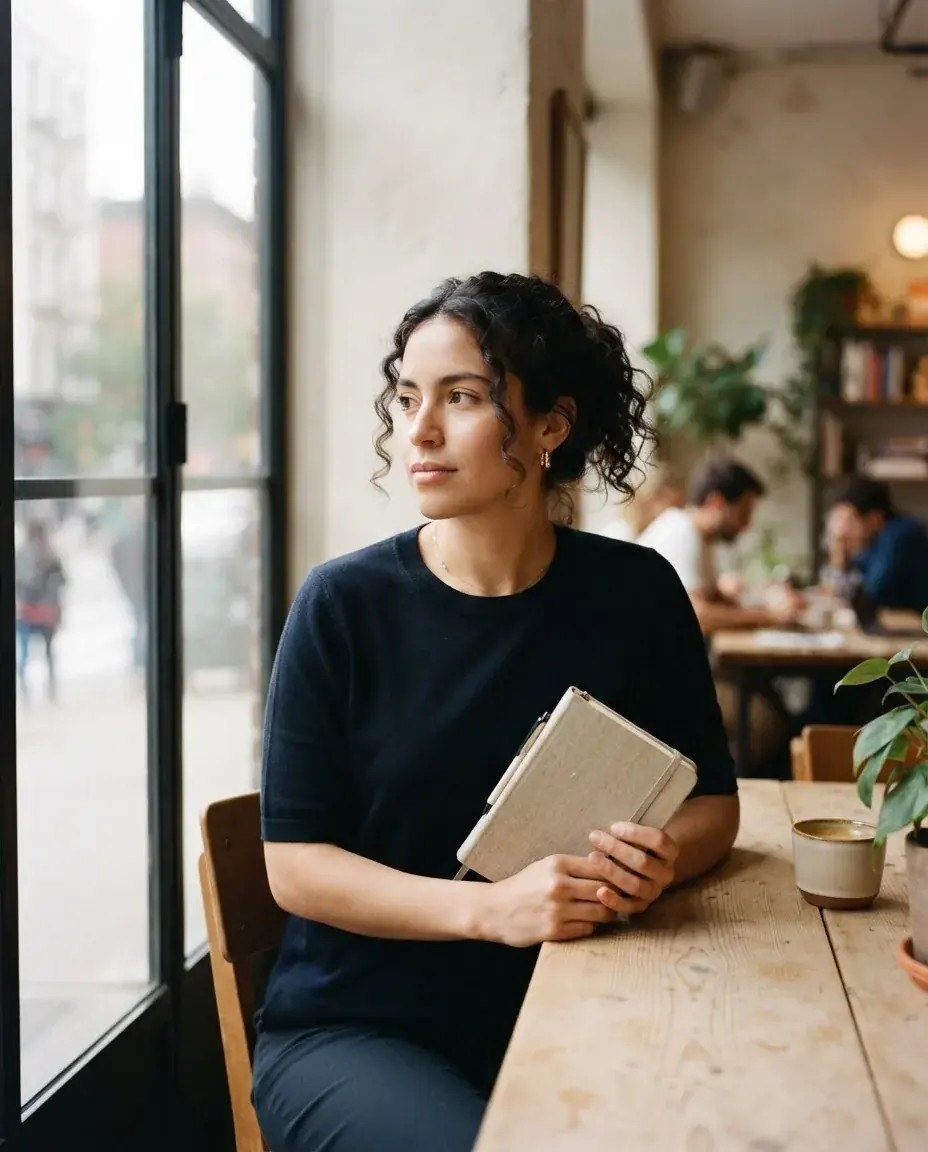 A professional sitting by a window with a notebook, looking out thoughtfully.
