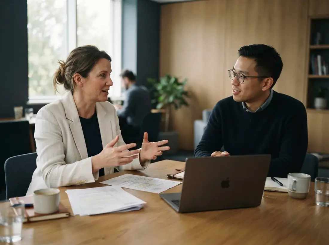 A consultant and a client discussing a hiring brief at a table with a laptop and papers.